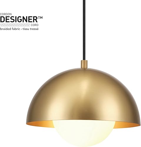 Miniatura 4 de GLOBE Electric Lámpara colgante enchufable de 1 luz, acabado de latón mate, pantalla de vidrio esmerilado, cable trenzado de 15 pies, iluminación