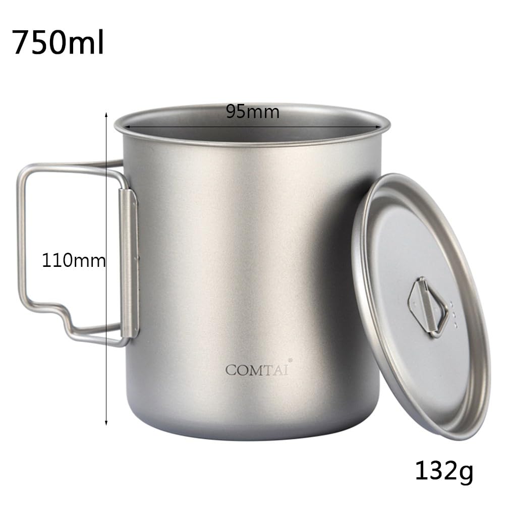 Tasse de camping légère en titane 650 ml - Vaisselle d'extérieur avec marques de volume, poignée pliable, sac en maille pour randonnée et voyage