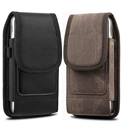 suily Nylon Telefon-Gürtelholster mit Leder Kartenfächern, Herren-Handytasche mit Ringhaken für iPhone XS/XR/iPhone 8 Plus [Für 5,5 "-Smartphones mit dickem Etui] (Schwarz + Braun)