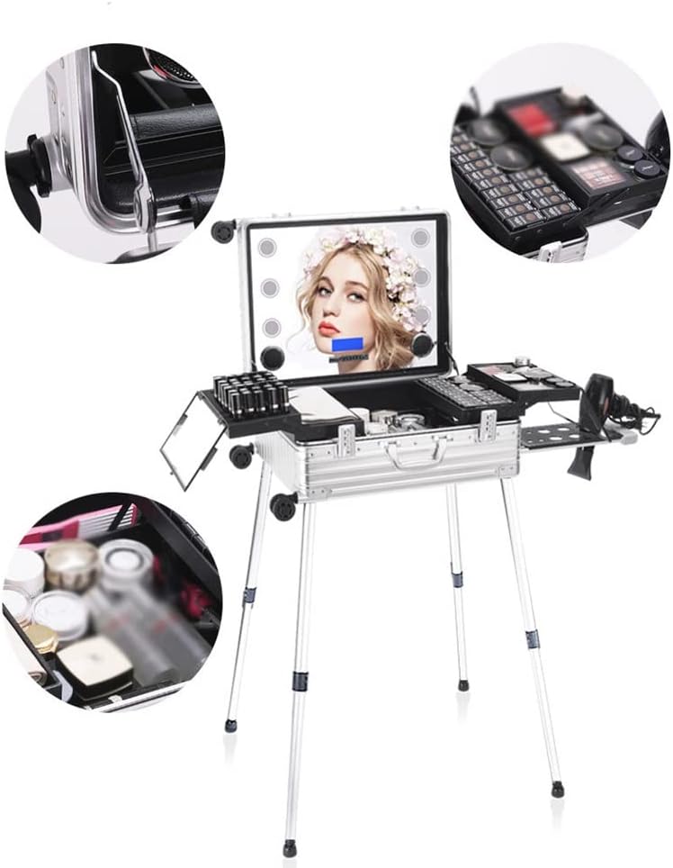 Aluminum Rolling Makeup Case Beauty Makeup Trolley Case LED Light Case Silver Suitcase Folding Table Bag(white-Dinosaur Doodle4)