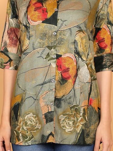Image of FIMS - Fashion is my style Rayon Abstract Printed Short Kurti for Women, Tunics Tops, Ethnic Wear for Office, Flared, Mandarin Collar V Neck, Roll-Up Sleeves, Summer Wear, Ideal Gift for Girls