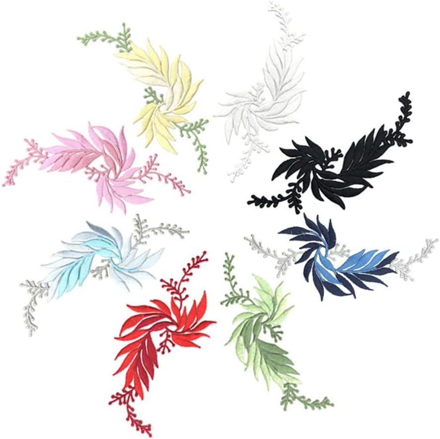 2 Pairs 7x3.1inch Leaves Iron on Patch Leaf Embroidery Applique Lace Fabric Motif for Garment Curtain Pillow Blanket Trimming Shoes Jeans Clothes Embellishments (White)