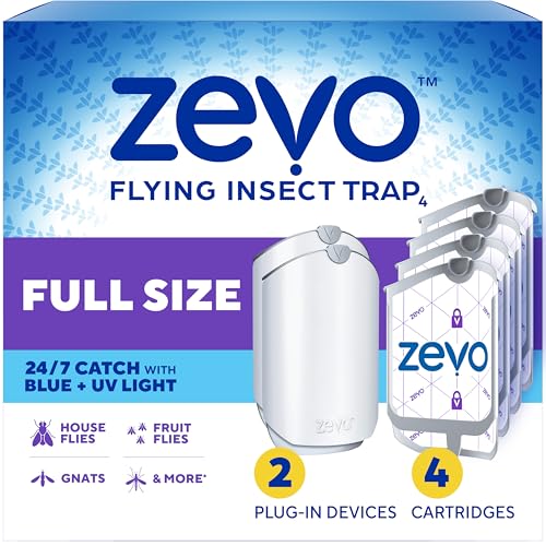 Zevo 2 Flying Insect Traps & 4 Refill Cartridges - Plug in Fly Trap & Indoor Bug Catcher for Gnats, House & Fruit Flies - Blue & UV Light Technology, Mess-Free Alternative to Bug Zapper