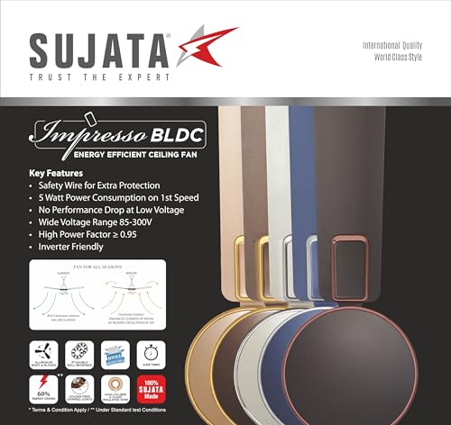 Image of Sujata BLDC Fan | 3-Yrs Warranty | Ceiling Fan for Living Room /Bedroom with Remote Control, High caliber, H-Class insulation winding, BEE Star Rated, Decorative ceiling fan (Tera Brown Gold-Impresso)