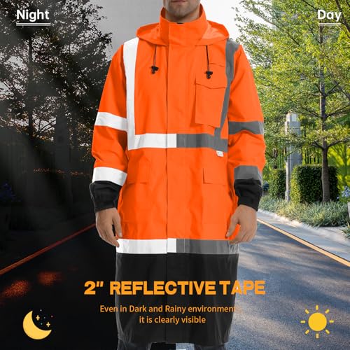 Image of Hi Vis Rain Jacket with 3M Reflective Stripe,High Visibility Class 3 Rain coats,Safety Waterproof Rain Suits for Men with Hood and 2 Large Pockets construction work rain gear(Orange 2XL)
