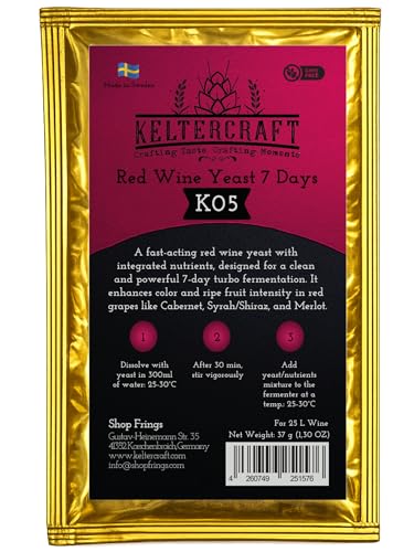 Keltercraft K05 Weinhefe [Für 25L Rotwein] Trockenhefe Nährhefe inkl. Hefenährsalz und Enzyme | Mache deinen eigenen Wein in 7 Tagen! (1)