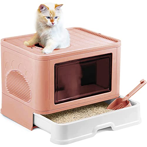 Bandeja para gatos cerrada, bandeja de arena plegable, diseño con cajón, pala y fácil de limpiar, gran capacidad, 48,5 × 36,5 × 38 cm (rosa)