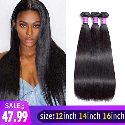 JY DEUSA Hair Brazilian Human Hair Bundles 12 14 16 inches 3 Bundles Straight Hair 8A 100% Unprocessed Human Hair Extensions Natural Color (12''14''16'')