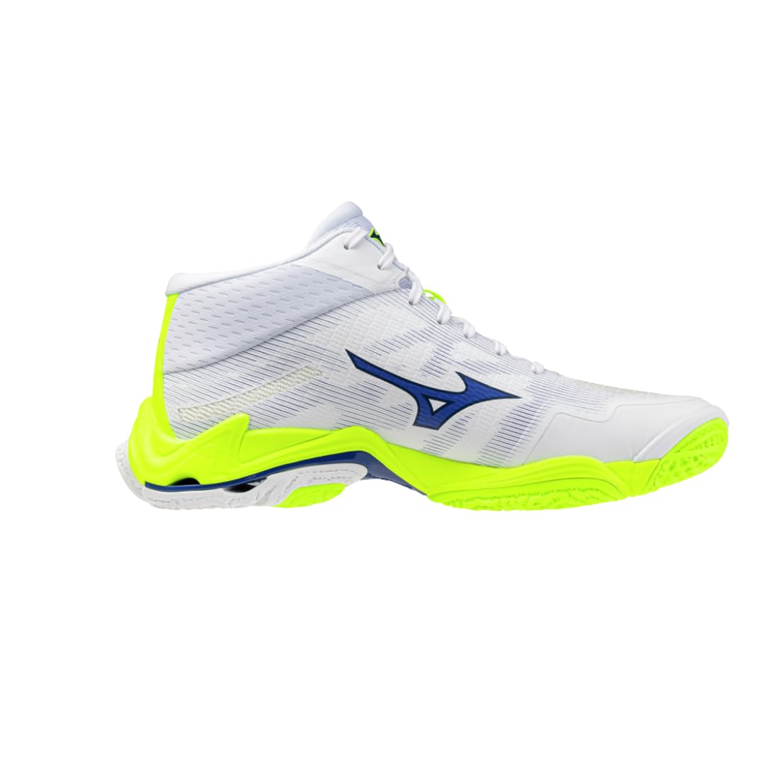 Mizuno Wave Lightning Elite Mid - Zapatillas de voleibol, color blanco, azul, amarillo fluorescente,