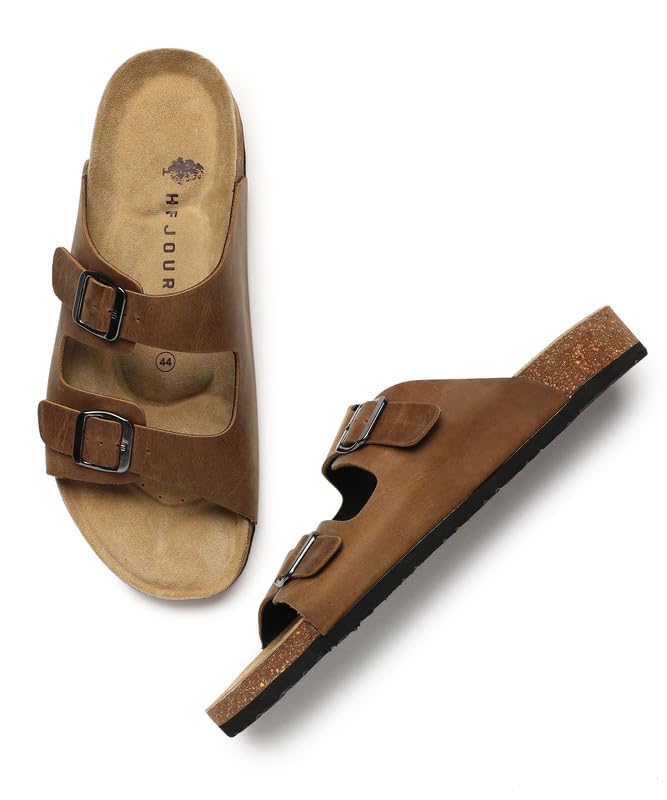 Image of HF JOURNEY Men's Vasco Double Strap Cork Footbed Sandals - Adjustable Buckle Slip-On Comfort Slides (Size 41-46)