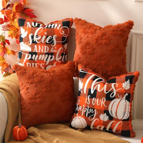 TOYPOPOR Fall Decorations 2 Packs Double Sided Throw Pillow Covers Rust Red Soft Faux Fur Maple Leaf Pillow Case Autumn Harvest Thanksgiving Indoor Outdoor Home Decor for Living Room Porch Couch 20x20
