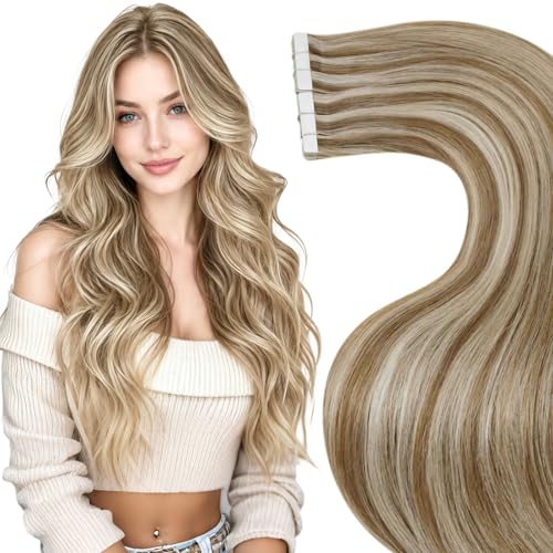 Image of LaaVoo Human Hair Tape in Extensions Light Brown Highlight Lightest Blonde | for Short Hair, Add Volume, Tape in Hair Extensions Human Hair, Snug Fitting, Invisible Bases, Blend Well, 12Inch 20Pcs 30G