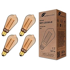 4x greenandco® WiFi smart LED lamp met app (geen hub nodig) Vintage Design E27 ST64, 3,8W 160lm 1800K 320° 230V, geen…