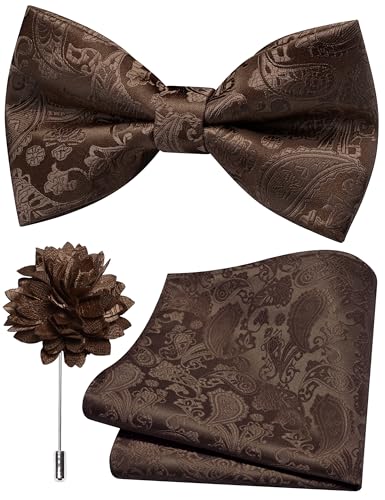 Branduce Dark Brown Bow Tie for Men Wedding Solid Silk Blend Paisley Bowties Pocket Square and Lapel Pin Brooch Set (BB11-12)