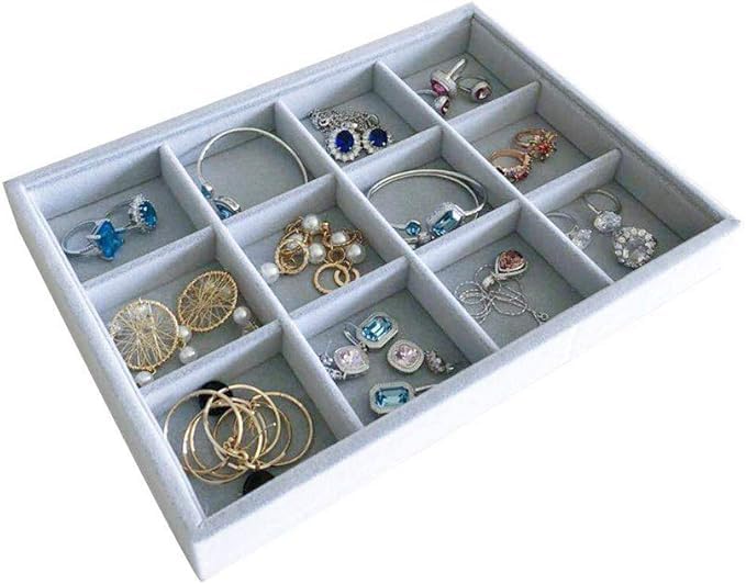 Image of Velvet Jewellry Drawer Organizer Stackable Tray (Grey, 12 Grid Grey)