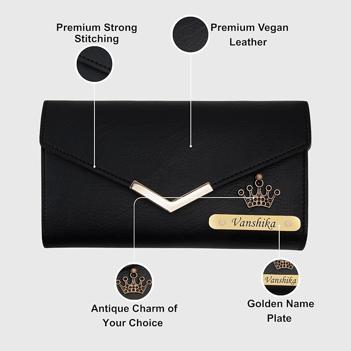 Image of WALLETKART Personalized Leather Women's Clutch with Name & Charm | Customized Clutch for Girlfriend Friend Wife Mother & Sister
