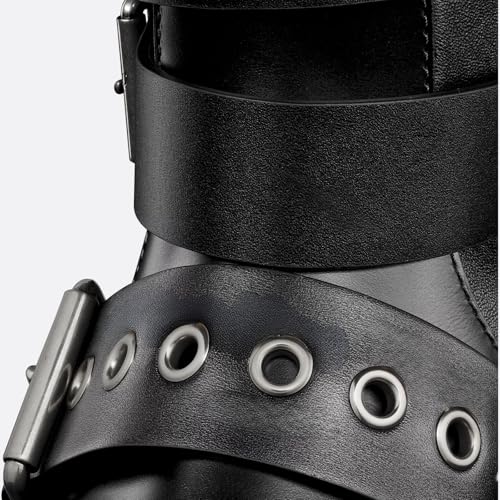 Goolita Buckle Strap Biker Boots Women Square Toe Chunky Heel Stretch Moto Mid Calf Boots Zipper Motorcycle Riding Boot4