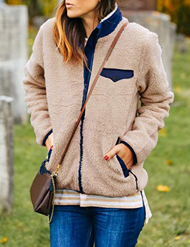 MEROKEETY Womens Long Sleeve Full Zip Sherpa Jackets Patchwork Fleece Coat with Zipper Pockets