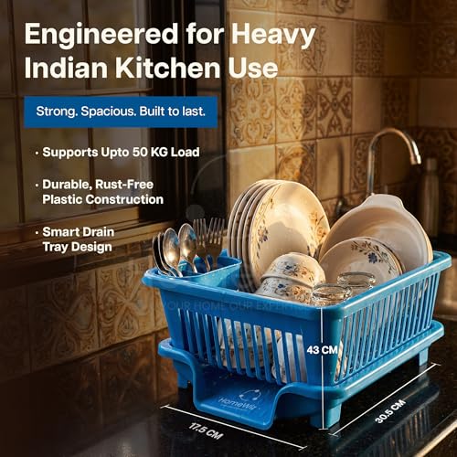 Image of HomeWiz Plastic Dish Drying Rack | Rust-Free Utensil Rack with Built-in Drainage | 50 KG + Weight Capacity | Kitchen Rack with Cutlery Holder | BPA-Free Food Grade Plastic | 43x30x20 cm | Blue