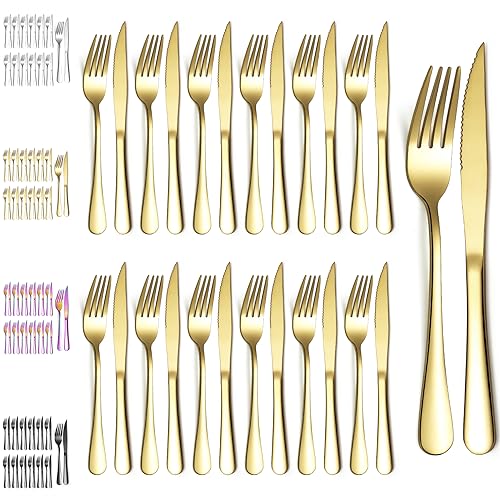 Evanda Gold Steak Knives Set 24 Piece, Gold Titanium Plating Stainless Steel 12 Dinner Forks and 12 Dinner Knives Set, Steak Knives Steak Forks, Dishwasher Safe