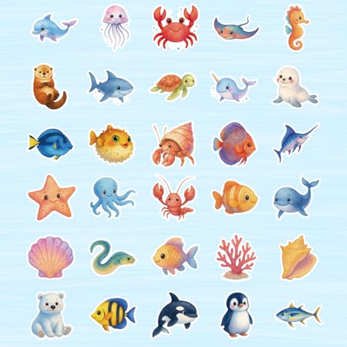 60 Stück Unterwasser-Tier Sticker, Wasserdichte Meeresleben Aufkleber Niedliche Ozean Partygeschenke & Deko für Wasserflaschen & Laptops