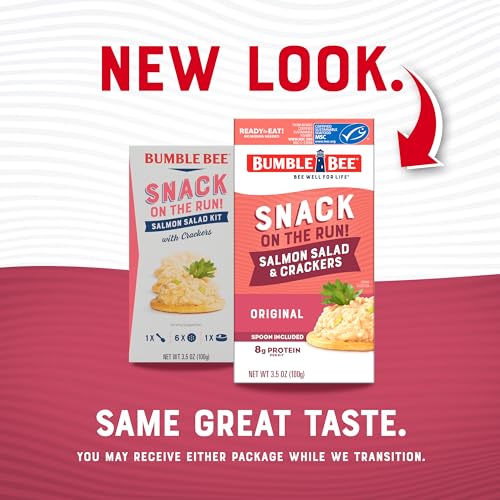 Image of Bumble Bee Snack On The Run! Salmon Salad Kit (Pack of 12) | Ready to Eat Easy-Open Canned Salmon Salad with Crackers Snack Pack, 8g Protein per Box, Wild Caught MSC Certified Seafood