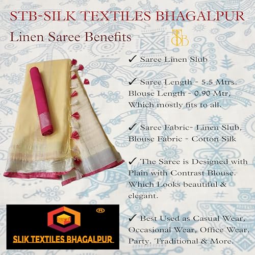 Image of STB-SILK TEXTILES BHAGALPUR Women's Linen Slub Saree With Contrast Blouse Piece