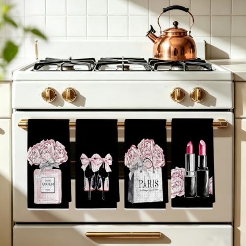 Image of 4 Pcs Black Fashion Hand Towels, Perfume Bow Decor Reusable Dish Towels