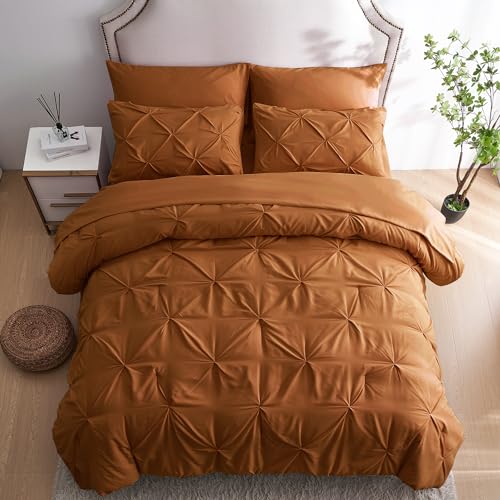 Ubauba 7pc Burnt Orange Queen Comforter Set, Rust 7 Piece Pintuck Bed in a Bag with Sheets, All Season Pinched Pleat Bedding Comforters & Sets,(Rustic, Queen Size)