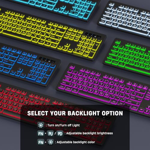 Image of KOPJIPPOM Large Print Backlit Wireless Keyboard, 2.4G Silent Wireless Light Up Keyboard, Full Size Computer Keyboards with 7 Colored Backlits, Rechargeable Keyboards for Windows, PC, Laptop