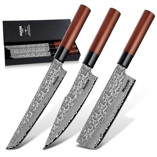 Image of Huusk Japanese Kitchen Knife Set of 3, Chef Knives Set with Gift Box | Boning Knife for Meat Cutting, Nakiri Vegetable Knives, Gyuto Chef Knives Set for Cooking, Gift for Chef Men Women