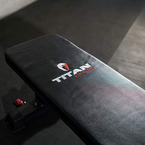 Titan Fitness Flat Weight Bench, Rated 1,000 LB, Wheels Handle, International Competition Standards