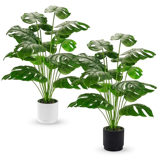 Der Rose 2 Pack 28" Fake Plants, Monstera Plants in White and Black Pots