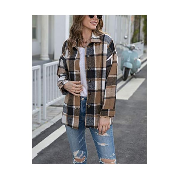 Yeokou Women's Fall Color Block Plaid Flannel Shacket Jacket Button Down Shirt Coat Tops(Khaki-L)