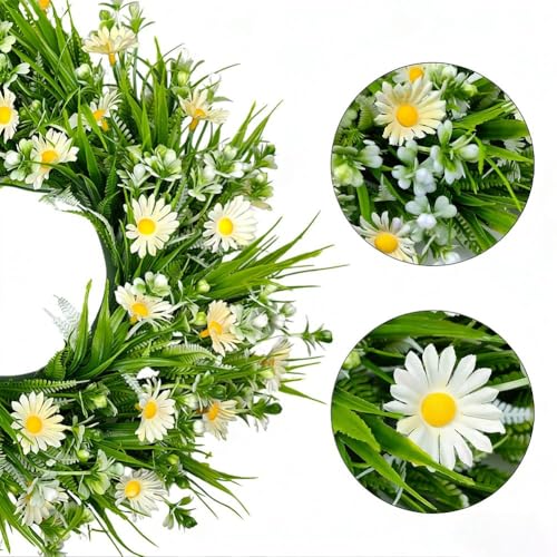 White Daisy Wreath with Eucalyptus Leaves for Front Door,Artificial Spring Summer Floral Decor for Window and Wall,Faux Lavender Garland for Farmhouse Wedding Festival
