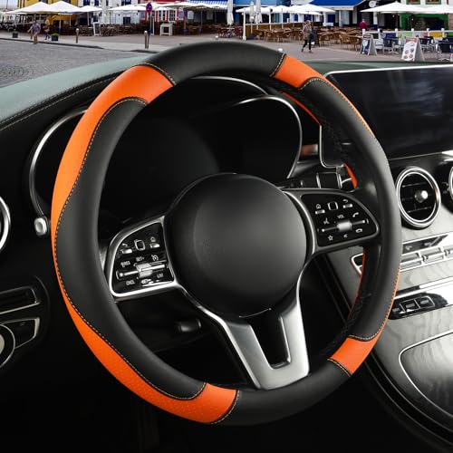 Binsheo Microfiber Leather Steering Wheel Cover Breathable Anti Slip 13.5 inch to 14 inch Black with Orange