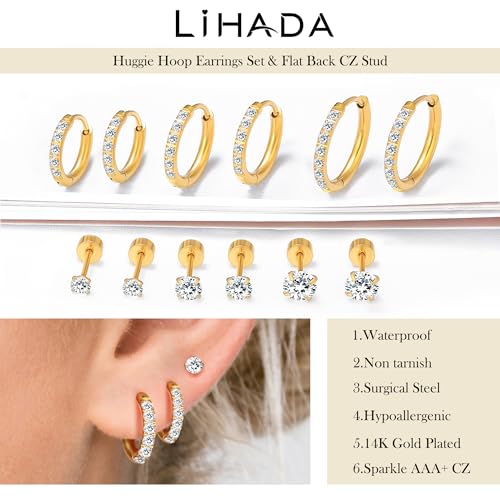 Surgical Steel Small 14K Gold Plated Huggie Hoop Earrings Set with Flat Back CZ Stud Earrings,Hypoallergenic Lightweight Waterproof & Non Tarnish for Women-Multiple Piercings2
