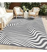 Vaukki Waterproof Outdoor Rug 5x8, Reversible Wave Striped Patio Rug, Lightweight Plastic Straw C...