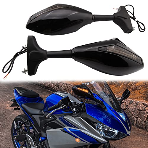 Moto Rétroviseurs Latéraux avec LED Clignotant Indicateur Intégré pour Vélos de course CBR GSXR YZF Sportbike (Noir Brillant+Lentille de Fumée)