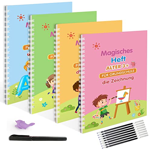 Larcenciel Deutsche Magisches Heft, 4 Große Magische Übungshefte + 1 Magischer Stift + 7 Nachfüllungen + 1 Schreibhilfe (Magisches Heft)