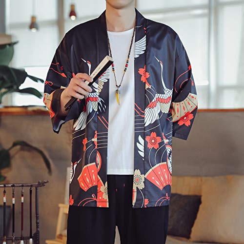 Image of PRIJOUHE Men's Lightweight Kimono Jacket Seven Sleeve Open Front Cardigan Coat Japanese Style Bathrobe