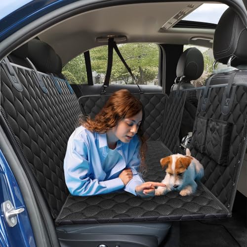 PETICON Extensor de asiento trasero para perros, funda de asiento de coche para perro con parte inferior dura, hamaca impermeable para coche con ventana de malla, cama de viaje para perros de gran