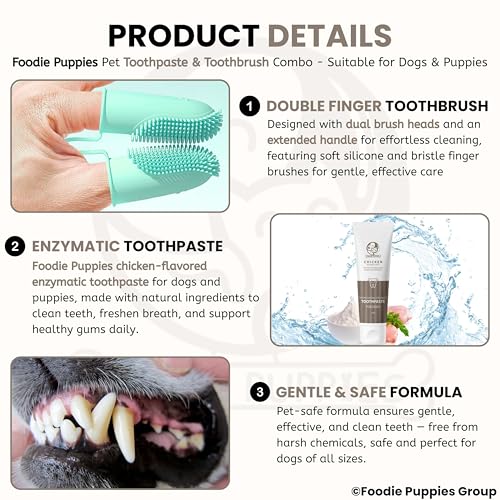 Image of Foodie Puppies Pet Dental Care Combo of Toothbrush and Toothpaste - (Couple Toothbrush + Chicken Toothpaste, 100gm) Enriched with Baking Soda Soothes Inflame Gums and 2in1 Finger brush