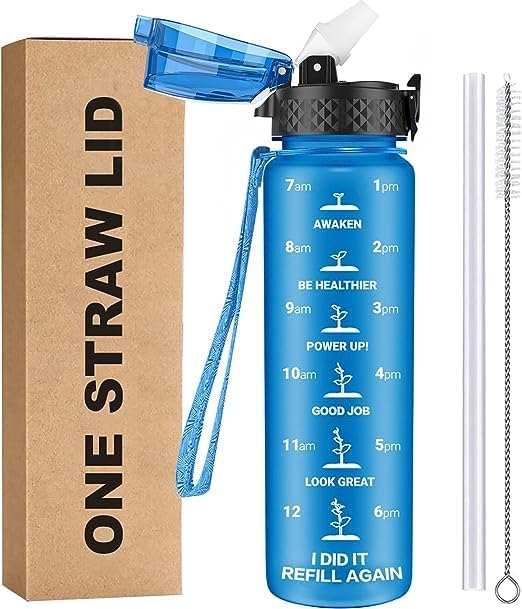 Miniatura 1 de GOPPUS Botella de agua para niños con tapa con pajilla, 10 calcomanías de 17 onzas, a prueba de fugas, sin BPA, marcador de tiempo, botellas de agua