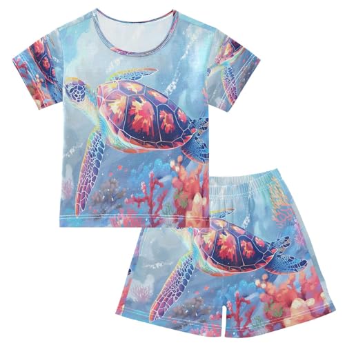 senya Short Sleeve Pajamas Sets Summer Cotton Sleepwear Marine Turtle Coral
