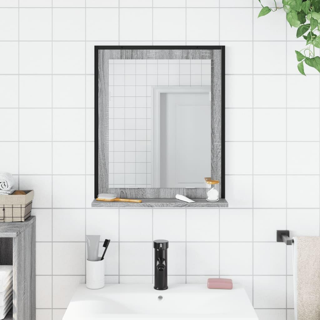 Générique Badezimmerspiegel mit Aufbewahrungsregal, graues Sonoma-Holz, Wandmontage, platzsparend, klares Glas ohne Verformung, für Make-up und Rasur