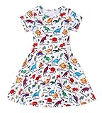 Girls Dresses Short Sleeve Dinosaur Cute Dress Summer A-line Swing Twirly Skater Casual Dresses for Kids Size 7-8