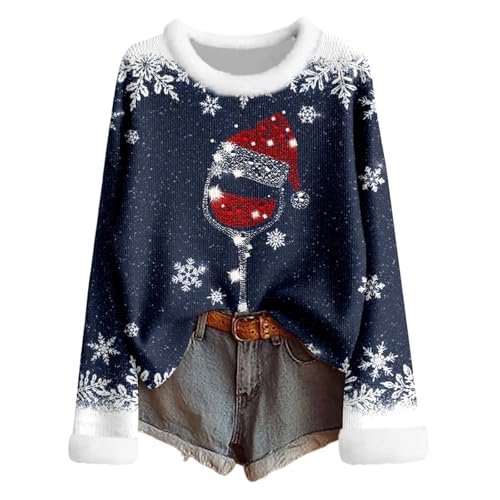 Jersey de Navidad para mujer, forro polar, cuello redondo, camiseta navideña, divertido, vino tinto, cristal, estampado, sudadera de manga larga, elegante, suéter de Navidad, otoño e invierno, marine
