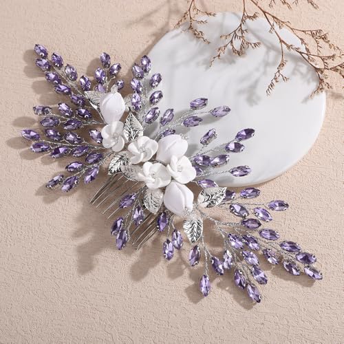 Peine para cabello con cristales y flores moradas miniatura 2