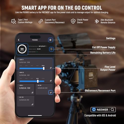 Image of NEEWER Smart Mini V Mount Battery NEEWER APP Control, 6800mAh 99Wh 14.5V with 100W PD Fast Charging, OLED, Dual USB C /D Tap /BP /USB A /Dual DC Ports, Compatible with BMPCC 4k 6k Camcorder Camera, PS099S